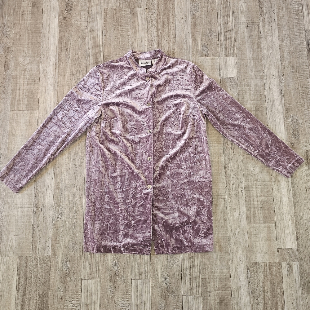 Units Petite Purple Mauve Mandarin Collar Long Tunic Shirt Jacket Velour Velvet